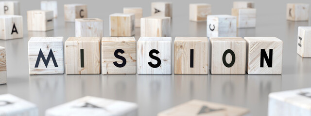 Mission - word on wooden blocks - 3D illustration