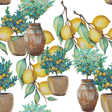 Hand drawn watercolor drawing of lemon tree on pot, illustration art. Seamless pattern background.