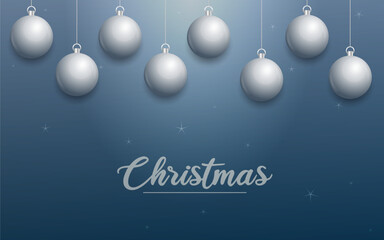 Vector Christmas banner with decorations. Merry Christmas text. silver ornaments on blue background. Vector illustration