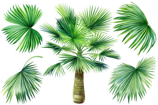 Palm tree and leaves set on isolated white background, watercolor botanical illustration.