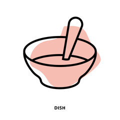 A plate of soup linear icon design for application or web design template. Vector line icon with blot shape background.