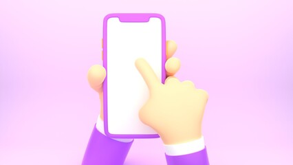 3d cartoon render of Businessman hand holding smartphone with blank screen for mockup template