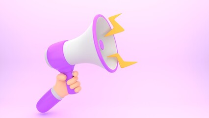 3d render of hand holding megaphone. 3d background for social media and djital marketing or important announcement message concept