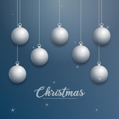 Vector Christmas banner with decorations. Merry Christmas text. silver ornaments on blue background. Vector illustration