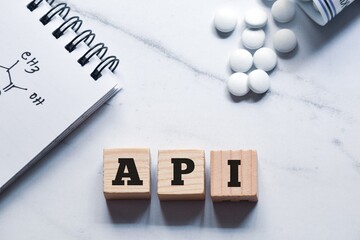 API abbreviation for Active Pharmaceutical Ingredient on wooden blocks on white background with...