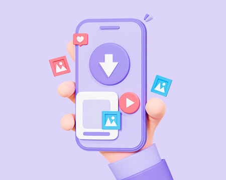 3D Mobile phone with Download button. Hand holding smartphone with upload photo and video files. Social media transfer concept. Cartoon creative design icon isolated on purple background. 3D Rendering