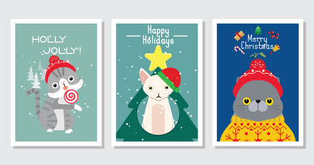 Collection of Christmas cats, Merry Christmas illustrations of cute cats greeting cards with accessories like a knitted hats, sweaters, scarfs.