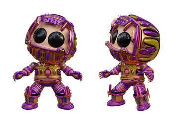 3D RENDERING PNG ILLUSTRATION. CUTE DESIGN ROBOT CYBORG ANDROID CHARACTER ISOLATED WHITE BACKGROUND. SPACEMAN ASTRONAUT CARTOON METAL PLASTIC AI MACHINE TECHNOLOGY GAME MODEL FIGURE ART TOY.
