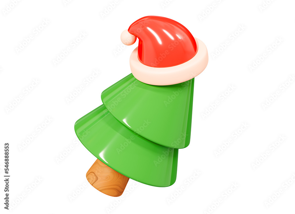 Wall mural 3D Christmas tree with Santa hat decoration. Pine tree xmas object. Holiday or celebration element. Winter 2023. Happy New Year. Cartoon creative design icon isolated on white background. 3D Rendering