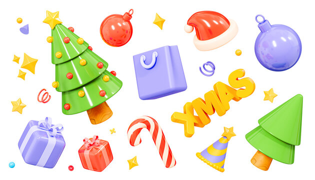 3D Christmas holiday icon set. Festive decoration element. Pine tree, gift boxes, ornament ball, candy cane and Santa hat. Cartoon creative design collection isolated on white background. 3D Rendering