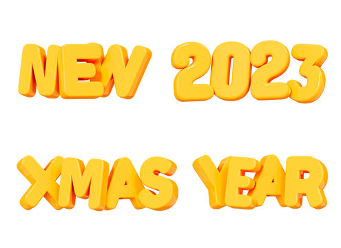3D Happy New 2023 Year and Merry Christmas text for banner template. Celebration decoration. Realistic gold or yellow font. Cartoon creative design set icon isolated on white background. 3D Rendering