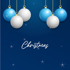 Christmas blue background with hanging shining white and Silver balls. Merry christmas greeting card. Vector Illustration