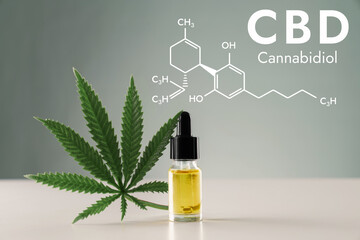 Closeup image legalized CBD oil in bottle with dropper lid with leafs and formula hexagon structure of biochemistry on empty background. CBD oil extract from legalized cannabis concept.