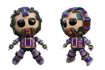 3D RENDERING PNG ILLUSTRATION. CUTE DESIGN ROBOT CYBORG ANDROID CHARACTER ISOLATED WHITE BACKGROUND. SPACEMAN ASTRONAUT CARTOON METAL PLASTIC AI MACHINE TECHNOLOGY GAME MODEL FIGURE ART TOY.
