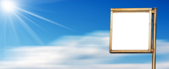 Blank metal billboard with copy space (transparent or white) against a blurred clear blue sky with clouds and sunbeams, photography, png.