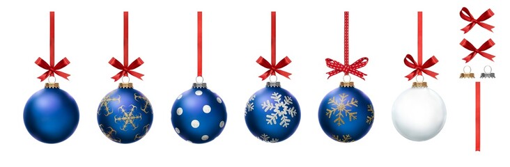 A collection of blue Christmas baubles hanging from red ribbon and bow with snowflake glitter...