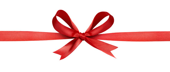 Een grote rode strik in het midden van een recht stuk lint om te gebruiken als verjaardags- of kerstbanner, grens geïsoleerd tegen een transparante achtergrond