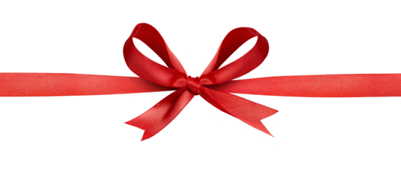 A large red ribbon bow in the centre of a straight piece of ribbon to be used as a birthday or Christmas banner, border isolated against a transparent background
