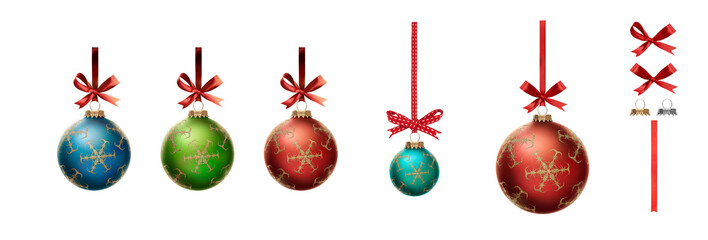 A collection of mixed colour Christmas baubles hanging from red ribbon and bow with snowflake...