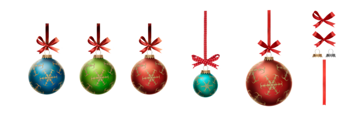 A collection of mixed colour Christmas baubles hanging from red ribbon and bow with snowflake glitter patterns on them isolated against a transparent background.