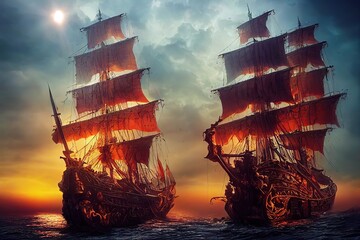 Pirate sailing ships at the sea at the sunset, landscape  - obrazy, fototapety, plakaty