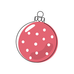 Christmas tree ball illustration. Red and white single line art. One line Christmas decoration
