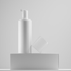 white cosmetic spray with transparent cap on white box 3d render
