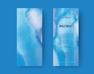 Modern Blue Watercolor Wedding Menu Card Template
