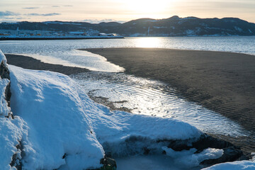 Norwegian fjord. Stjørdal beach in winter.