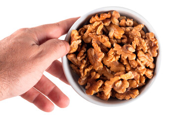 Hand holding bowl with nuts and transparent background png