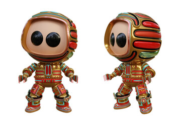 3D RENDERING PNG ILLUSTRATION. CUTE DESIGN ROBOT CYBORG ANDROID CHARACTER ISOLATED WHITE BACKGROUND. SPACEMAN ASTRONAUT CARTOON METAL PLASTIC AI MACHINE TECHNOLOGY GAME MODEL FIGURE ART TOY.
