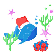 Vector illustration of Christmas whale with santa claus hat and gift boxes. Isolated on white background.
