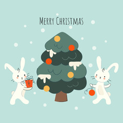 Cute New Year's rabbits at the New Year tree. Bunny with a gift. Bunny with a Christmas ball. Chinese character for 2023. Vector cartoon flat style. Delicate blue background. Retro postcard design.