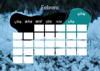 Calendario año 2023 mes de Febrero. Calendario de naturaleza. Plantilla de calendario planificador. Tamaño de papel	 - obrazy, fototapety, plakaty