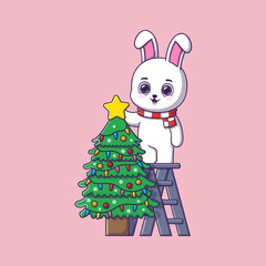 cute rabbit decorating christmas tree