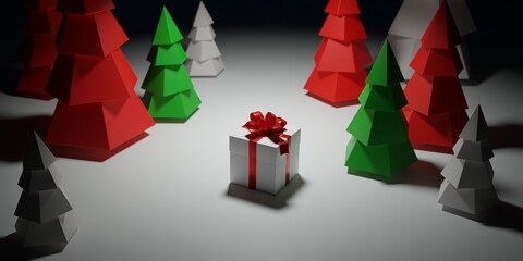 Christmas present gift box in the forest with abstract trees 3d render illustration