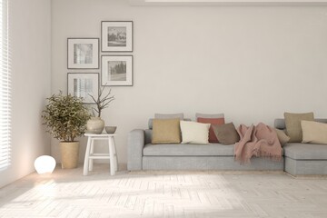 White living room with sofa. Scandinavian interior design. 3D illustration