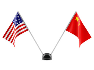 Stand with two national flags. USA and China flags. Isolated on a transparent background. 3d render
