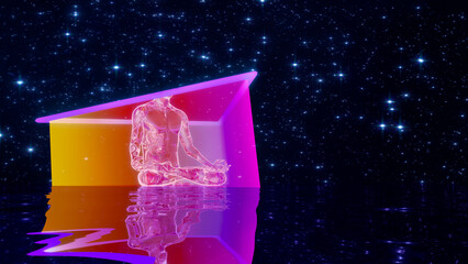 3d illustration of a glass man in a meditative pose opens a portal of wisdom