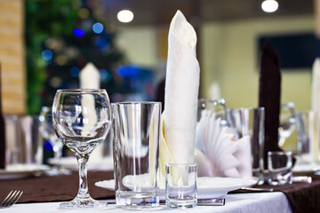 Served dinner table in a restaurant. Restaurant interior