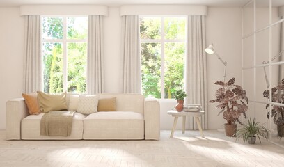 Fototapeta premium Minimalist living room in white color with sofa and summer landscape in window. Scandinavian interior design. 3D illustration