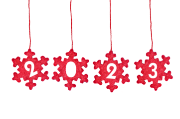 2023 cut in red fabric christmas ornaments hanging on transparent background