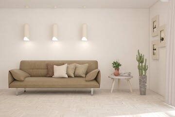 White living room with sofa. Scandinavian interior design. 3D illustration