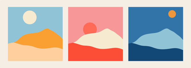 Abstract mountains. Aesthetic minimalist landscape with desert, mountains, sun and moon. Flat cartoon style, vector poster set. Mountain landscape illustration, travel minimal art scene.