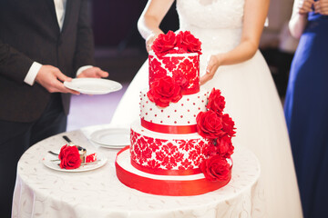 Obraz na płótnie Canvas Bride and groom at wedding cutting the wedding cake