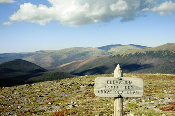 Above sea level elevation sign at the Alpine Visitors Center in Rocky Mountain National Park, Colorado