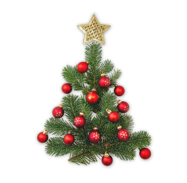 Christmas tree isolated on white. Fir twig, gold star on top and red balls decoration