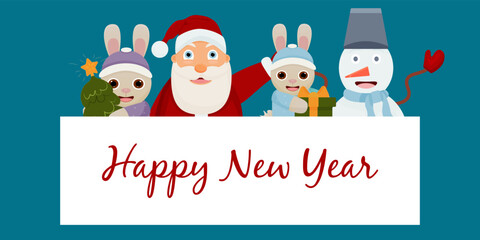 Happy New Year Santa Claus, rabbit, snowman with a big white banner. Christmas companions with a large sign.