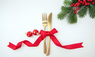 Christmas holiday celebration dinner. New Year table setting overhead.