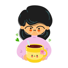 Young cute funny woman hold yellow cup of tea in hand. Girl hugs cute yellow cup of tea. Vector hand drawn doodle style cartoon character illustration icon design. Isolated on white background